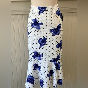 Messini Blue Floral Polka Dot Midi Skirt NWT Size Large Stretch Waist